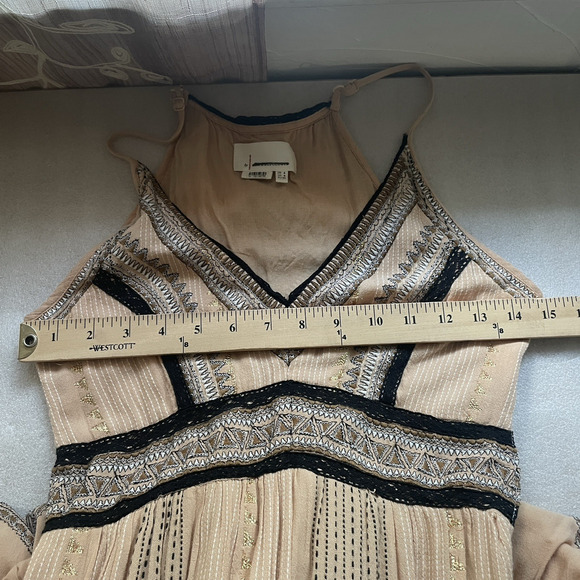 Anthropologie Dress Women 0 Tan Robin Embroidered Maxi Lace Boho Tiered V Neck - Picture 7 of 11